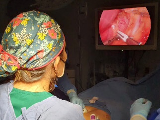 Dra. Irasema Salgado Falcón con bata azul y gorro, viendo la imagen de laparascopio en pantalla de
